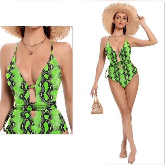 Neon Green Snake Skin Print One Piece Swimsuit Strappy US SIZE 2X Plunge Neck - Picture 5 of 5